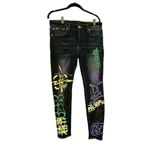 Mackeen Men's Distressed Colorful Graffiti Jeans Dark Wash Festival Sz 34 EUC